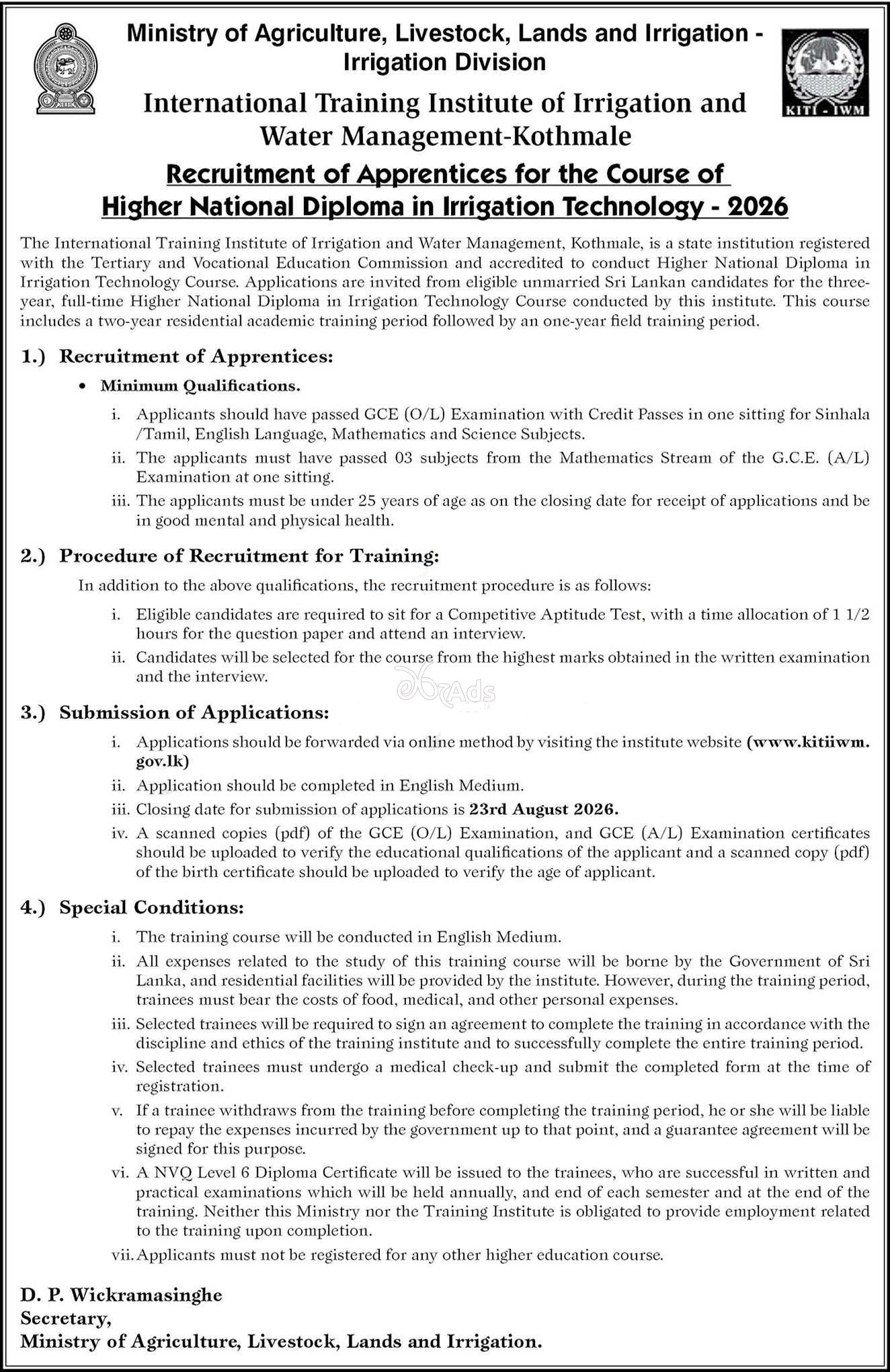 Higher National Diploma in Irrigation Technology - International Training Institute of Irrigation and Water Management
