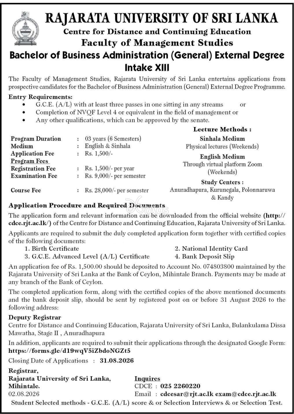 Bachelor of Business Administration External Degree - Rajarata University