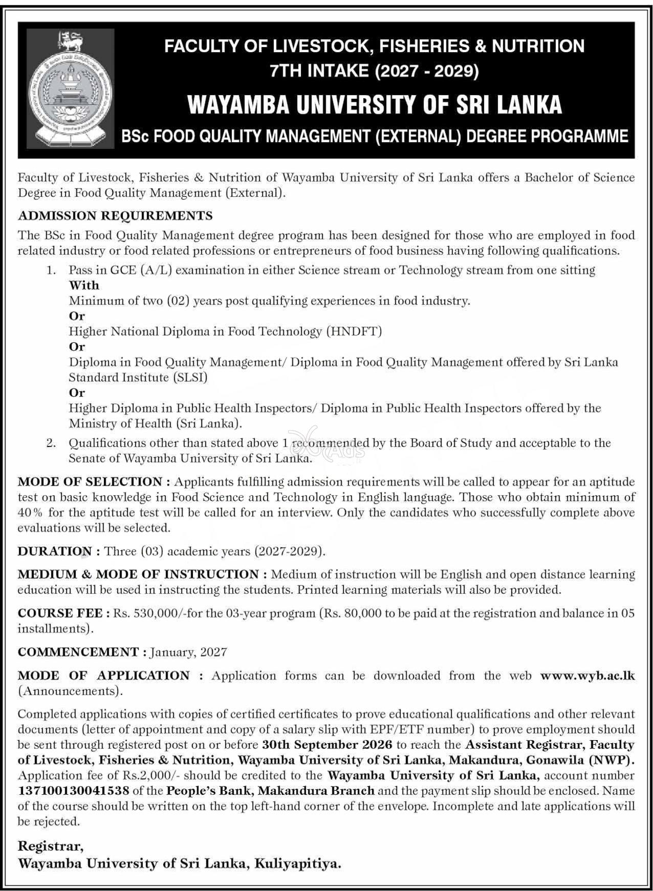 BSc in Food Quality Management - Wayamba University