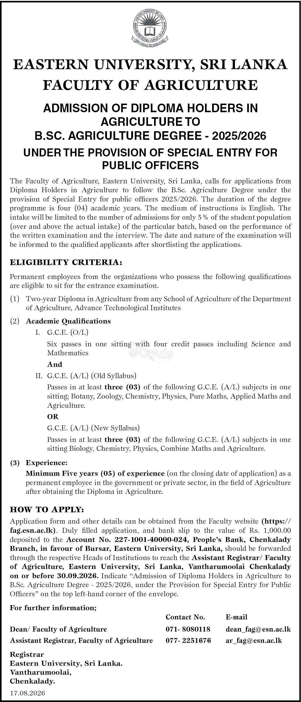 B.Sc. Agriculture Degree Programme - Eastern University