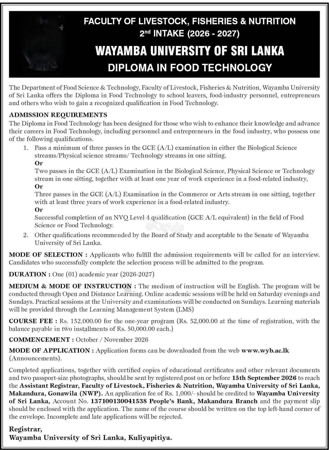 Diploma in Food Technology - Wayamba University