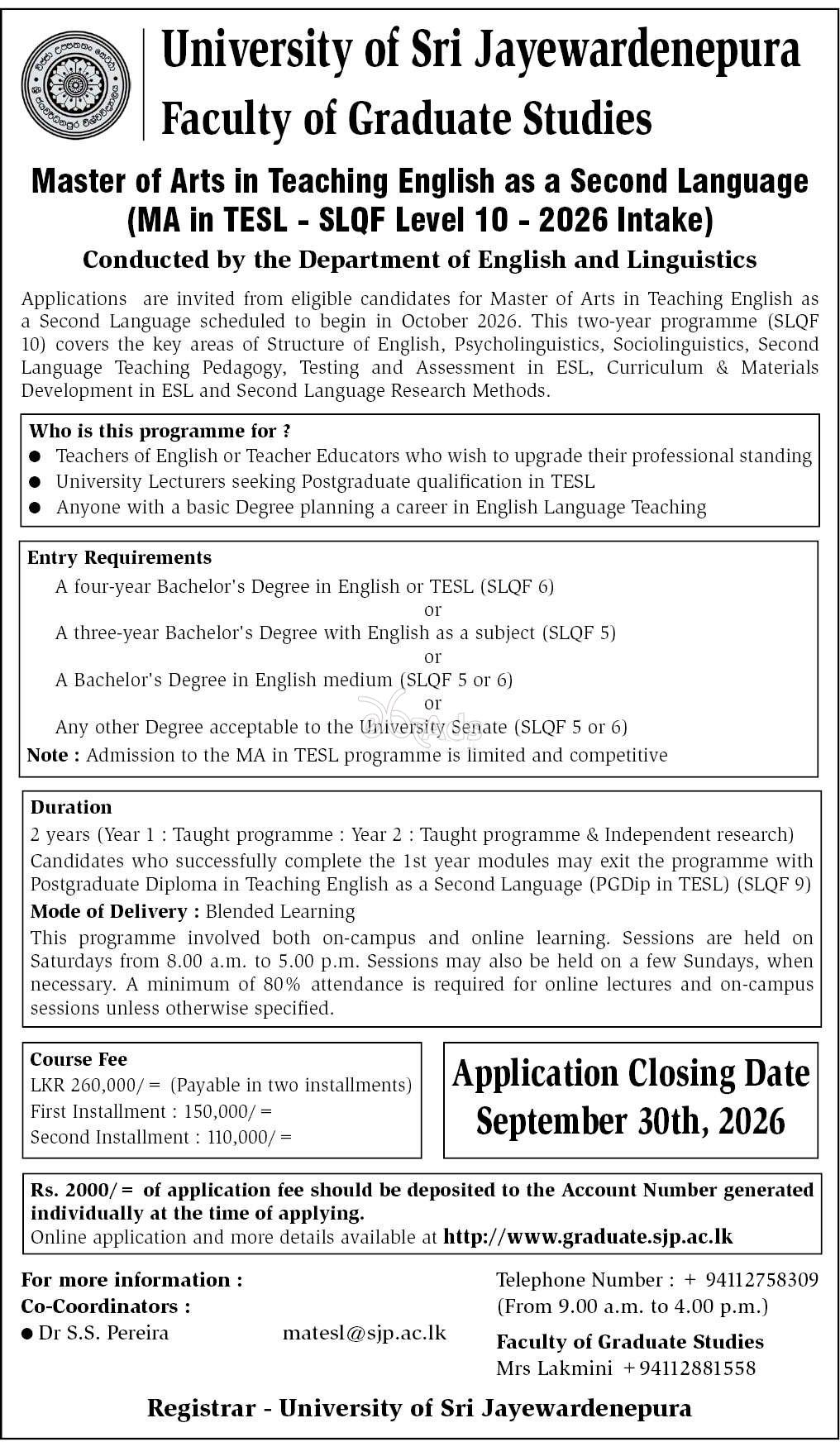Master of Arts in Teaching English as a Second Language - University of Sri Jayewardenepura