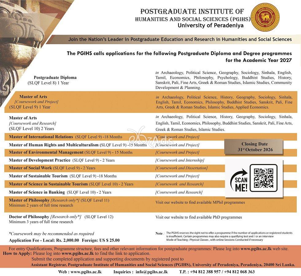Postgraduate Diploma & Degree Programmes - University of Peradeniya
