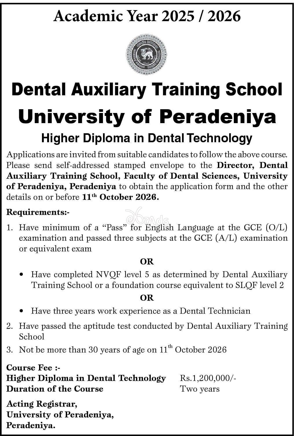 Higher Diploma in Dental Technology - University of Peradeniya