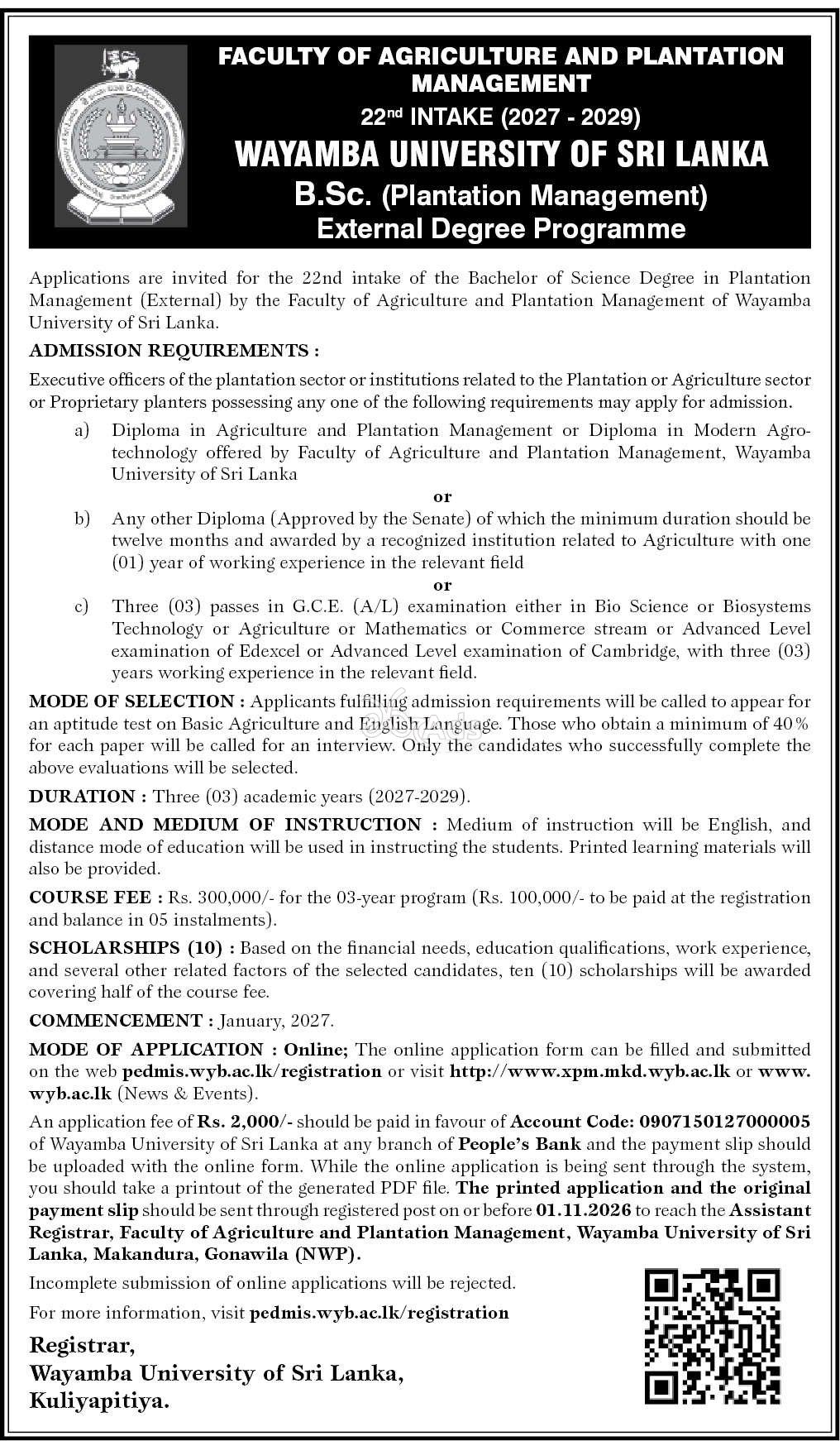 BSc in Plantation Management External Degree - Wayamba University
