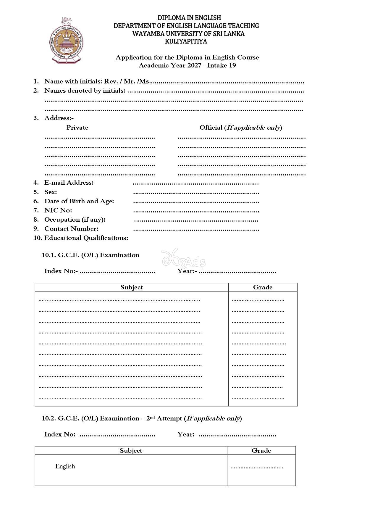 Diploma in English - Wayamba University