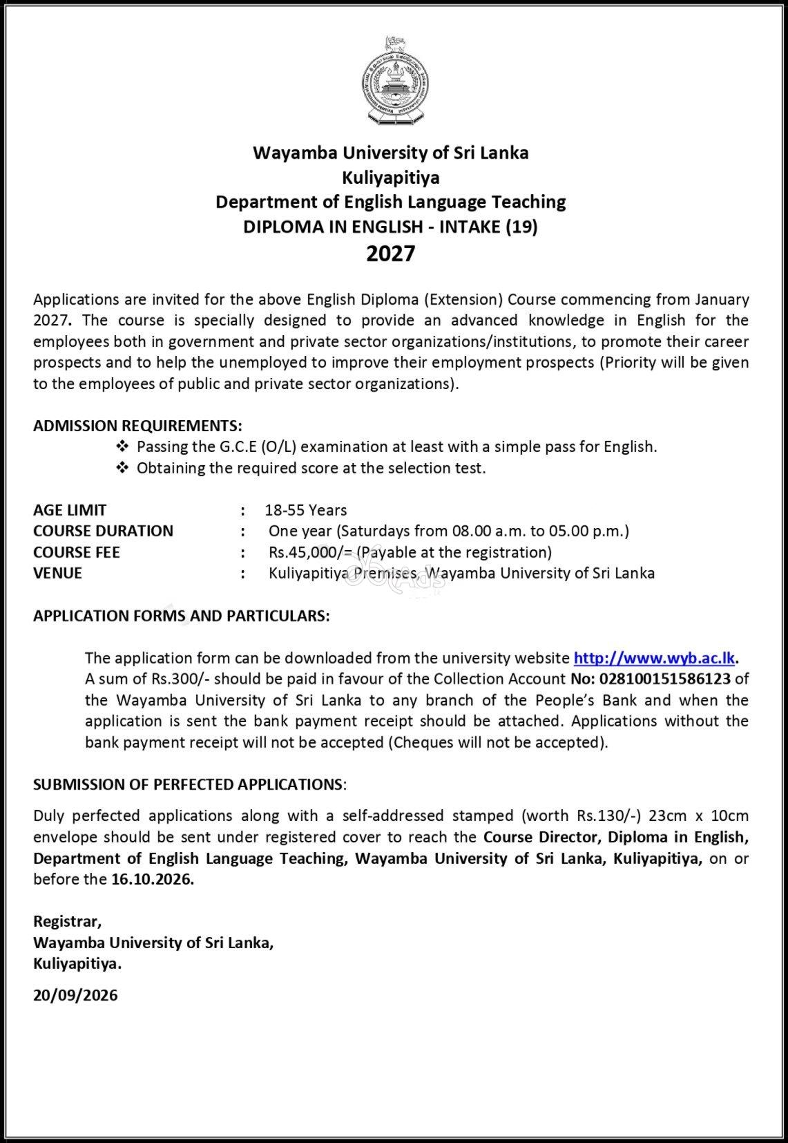 Diploma in English - Wayamba University