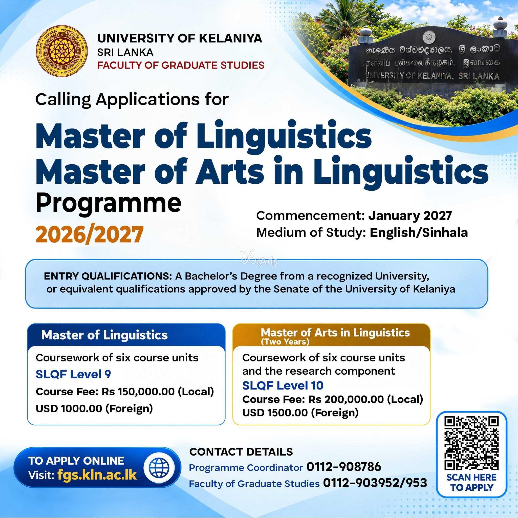 Master of Arts in Linguistics - University of Kelaniya