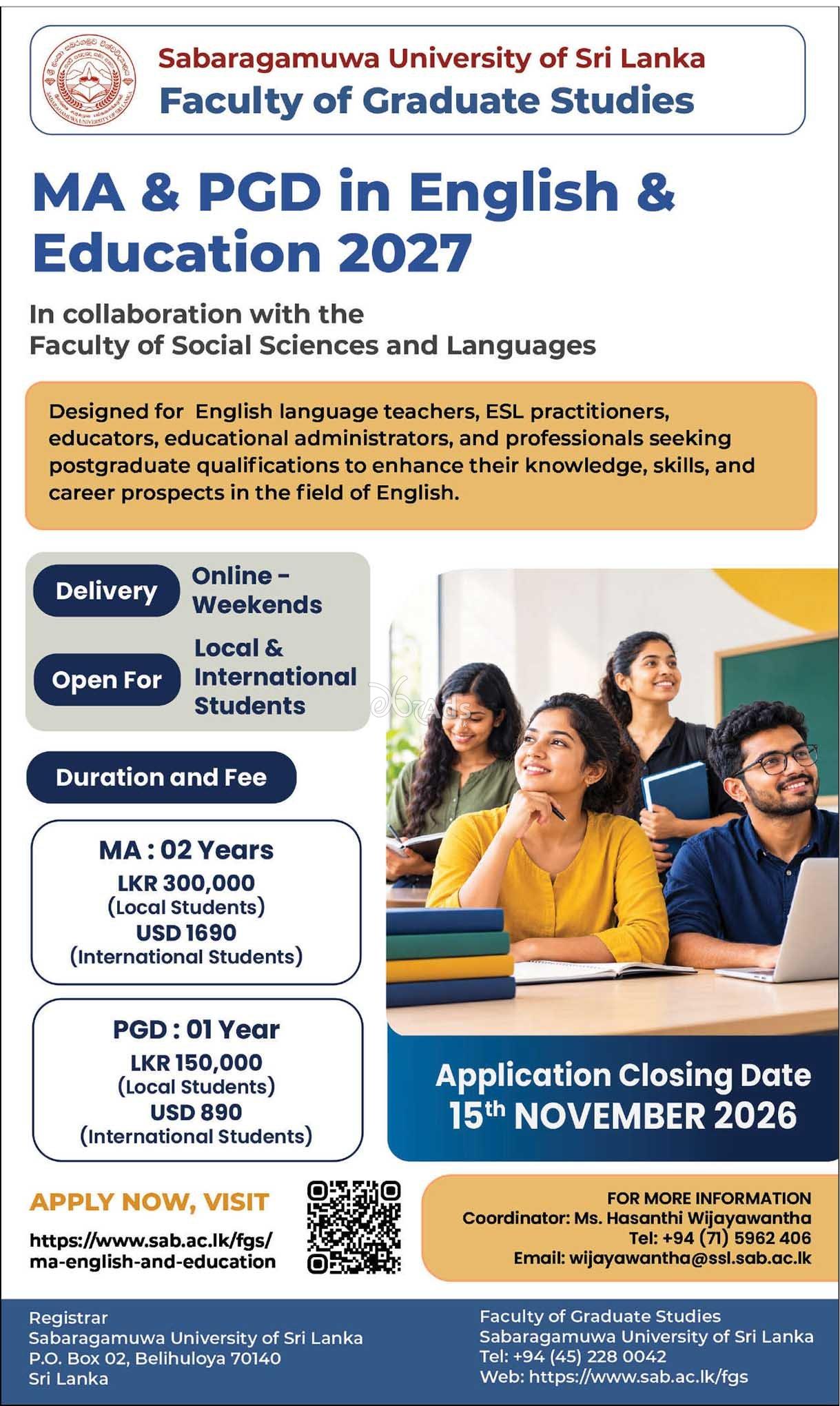 MA & PGDip in English and Education - Sabaragamuwa University