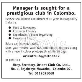 Manager Vacancy at Orient Club Co. Ltd