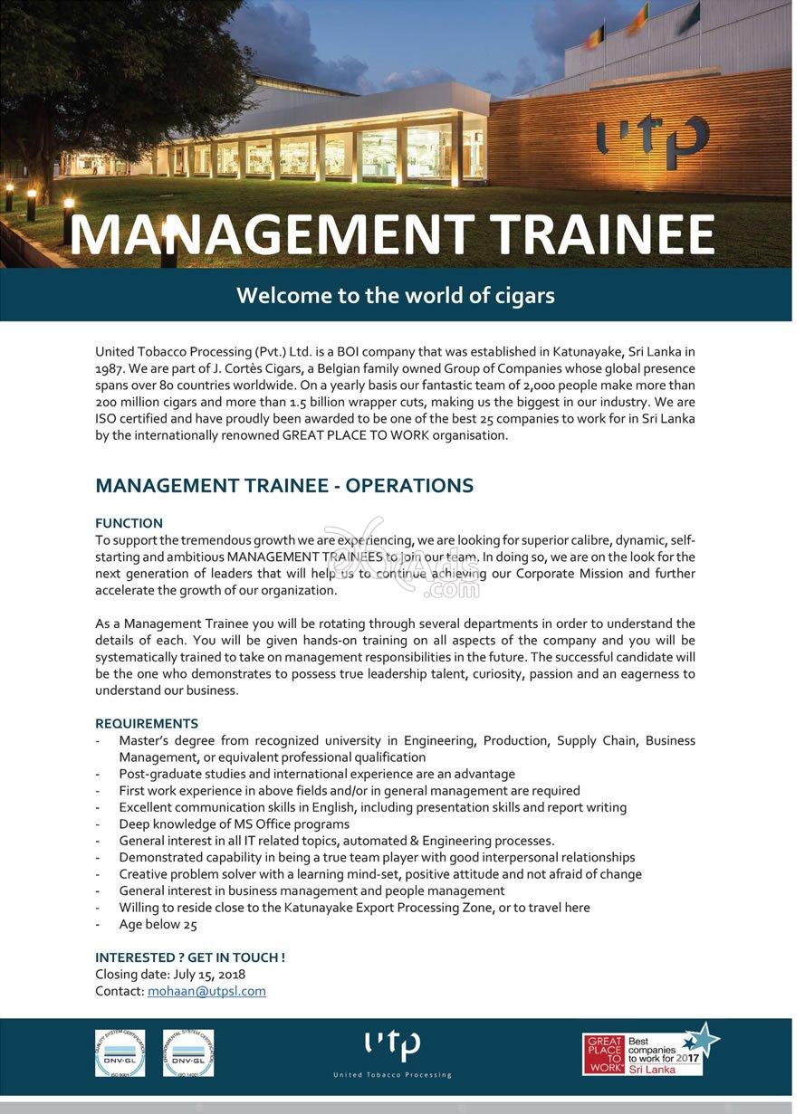 united tobacco processing Management Trainee Vacancy at United Tobacco Processing PLC