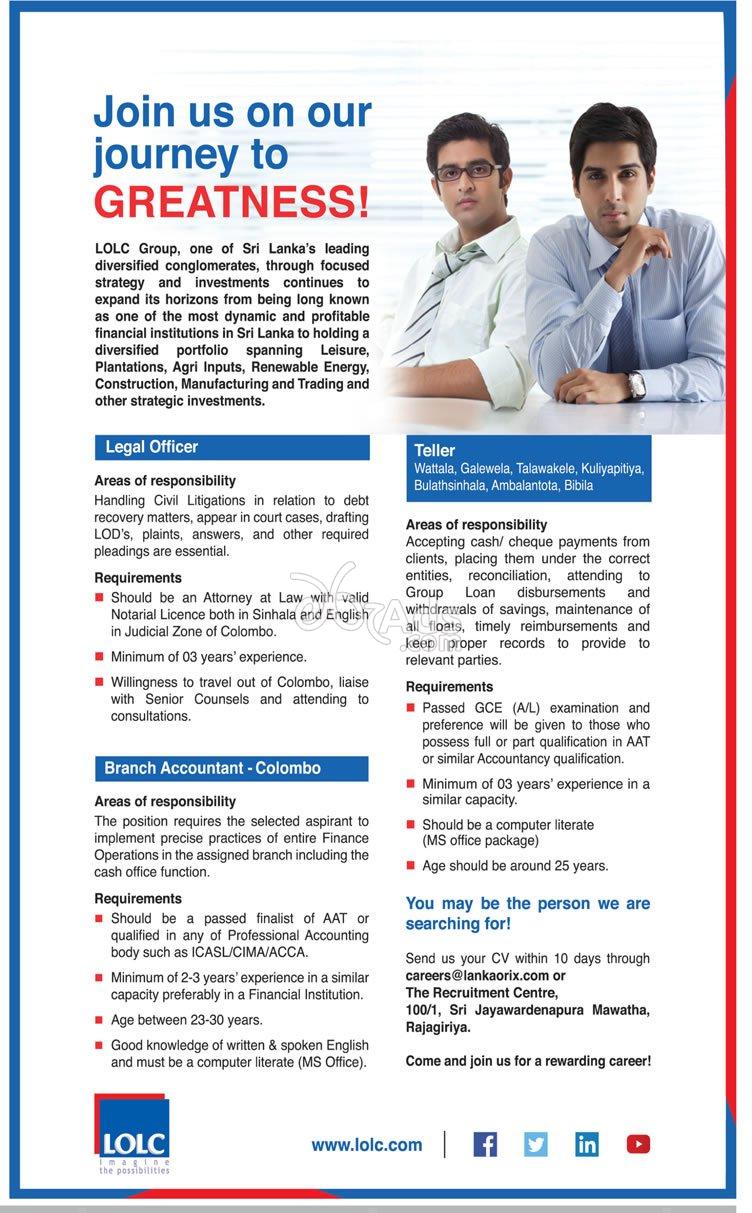 Legal Officer, Branch Accountant, Teller Vacancies at LOLC Company