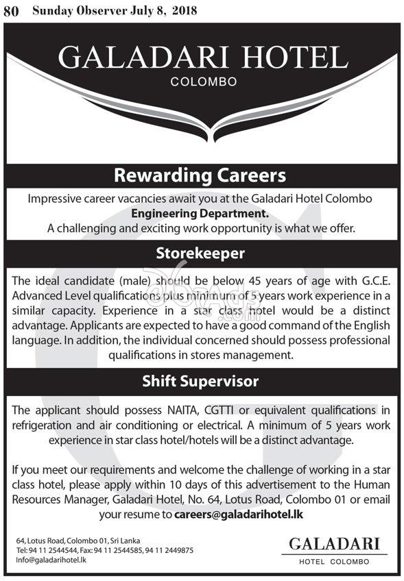Rewarding Careers, Storekeeper, Shift Supervisor Job Vacancy at Galadari Hotel
