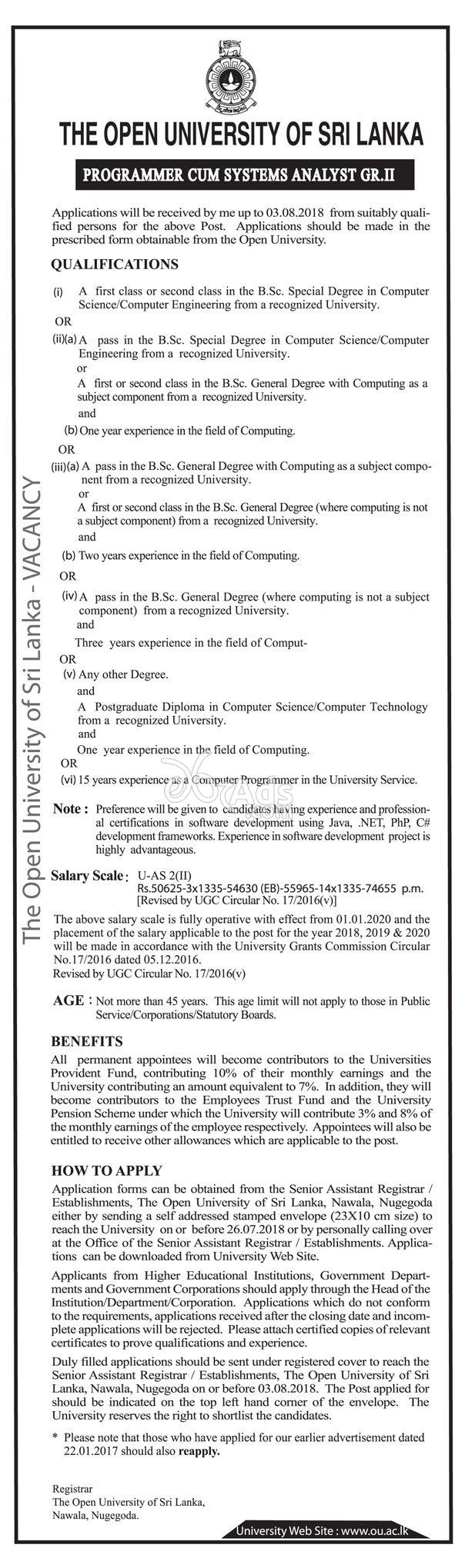 Programmer Cum Systems Analyst Government Vacancy at Open University of Sri Lanka