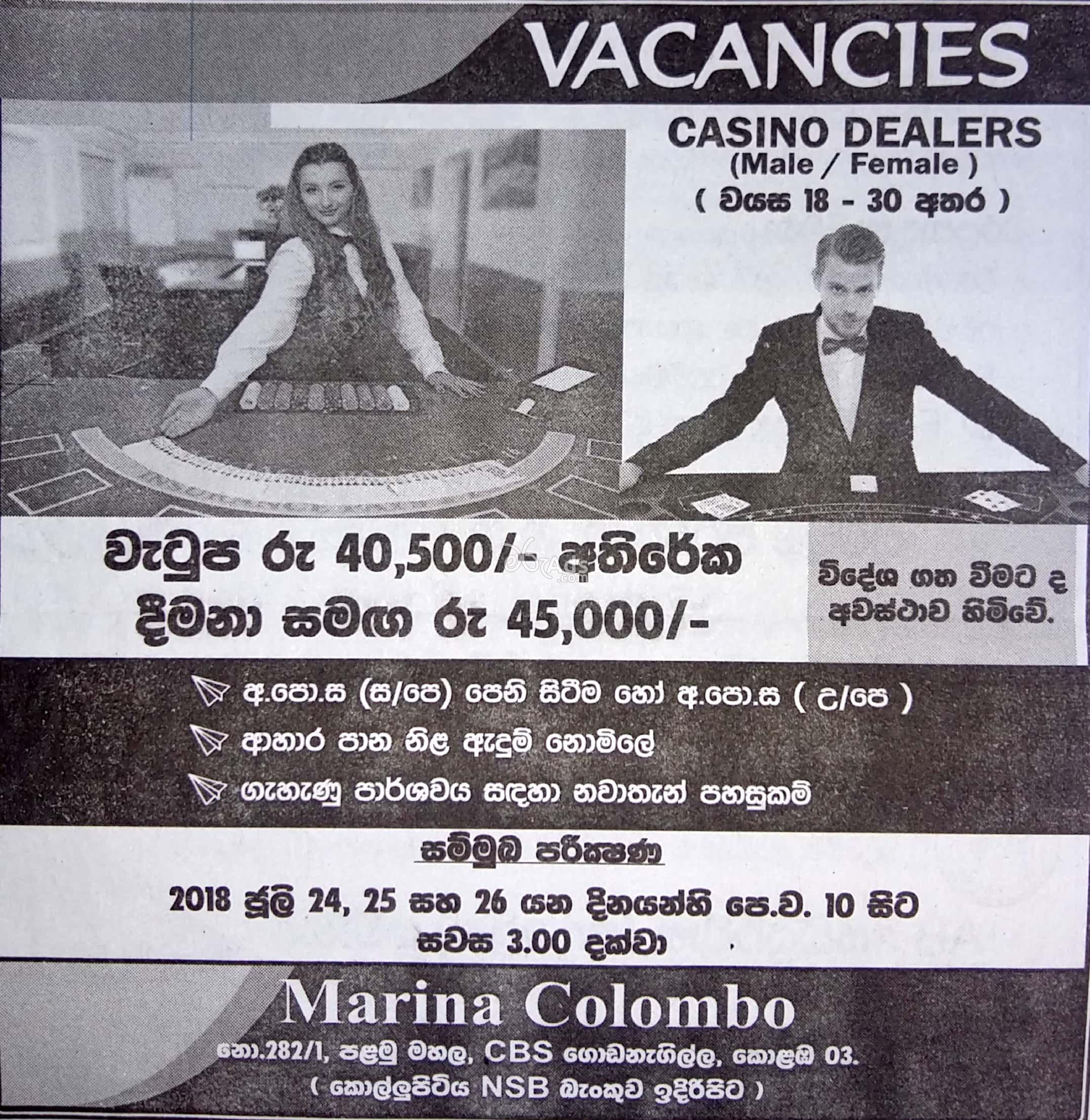 Casino Dealers Job Vacancies at Marina Colombo 03