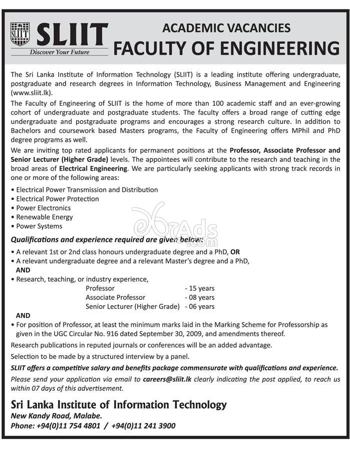 Professor, Lecturer Vacancies at SLIIT
