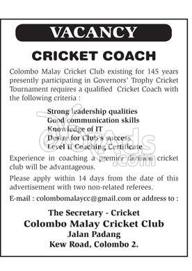 Cricket Coach Vacancy at Colombo Malay Cricket Club