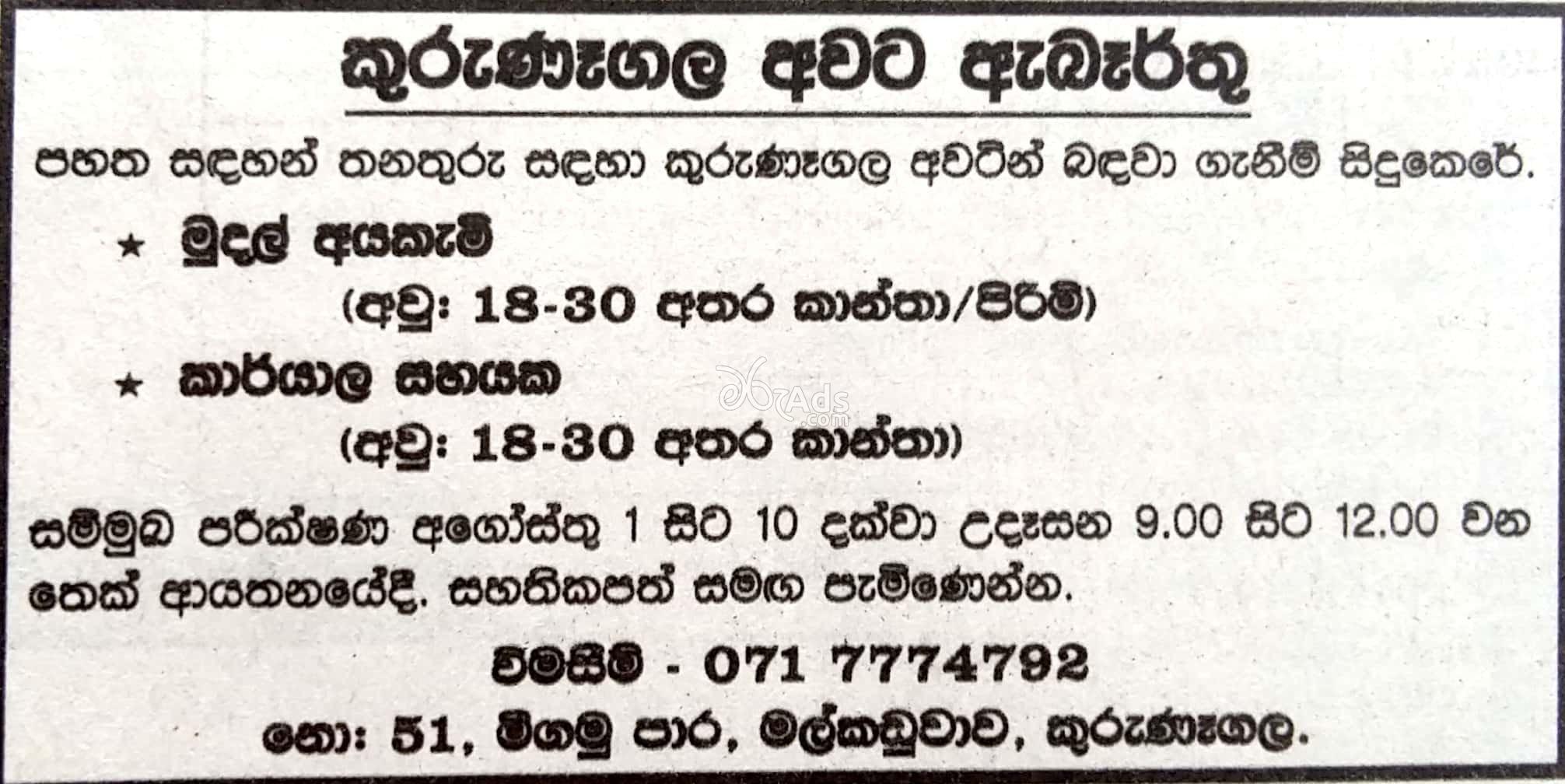 Vacancies for Cashier, Office Assistant Kurunegala