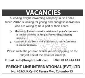 Marketing Executives, Accounts Executives Job Vacancies at Freight Line International Pvt Ltd
