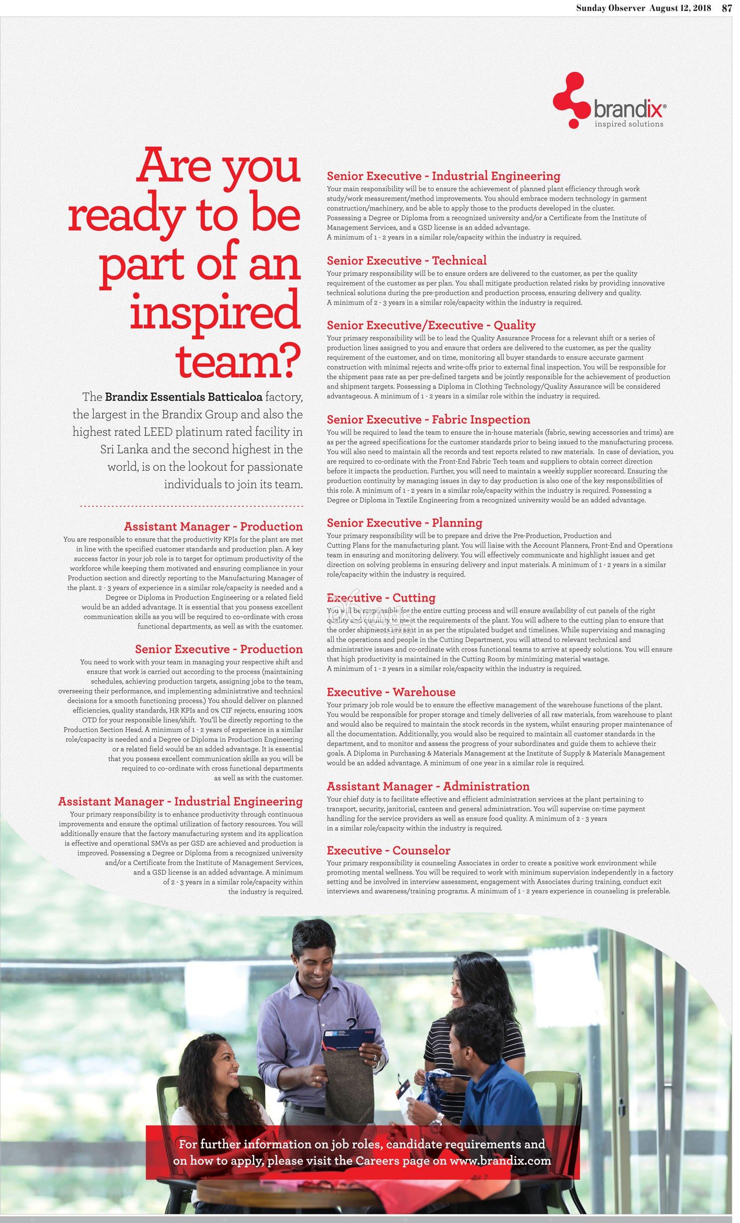 Assistant Manager, Senior Executive, Executive Vacancies at Brandix Group