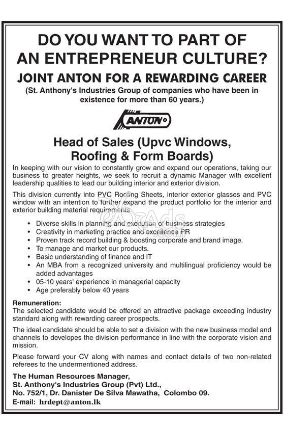 Head of Sales Vacancy at St. Anthony's Industries Group (Pvt) Ltd