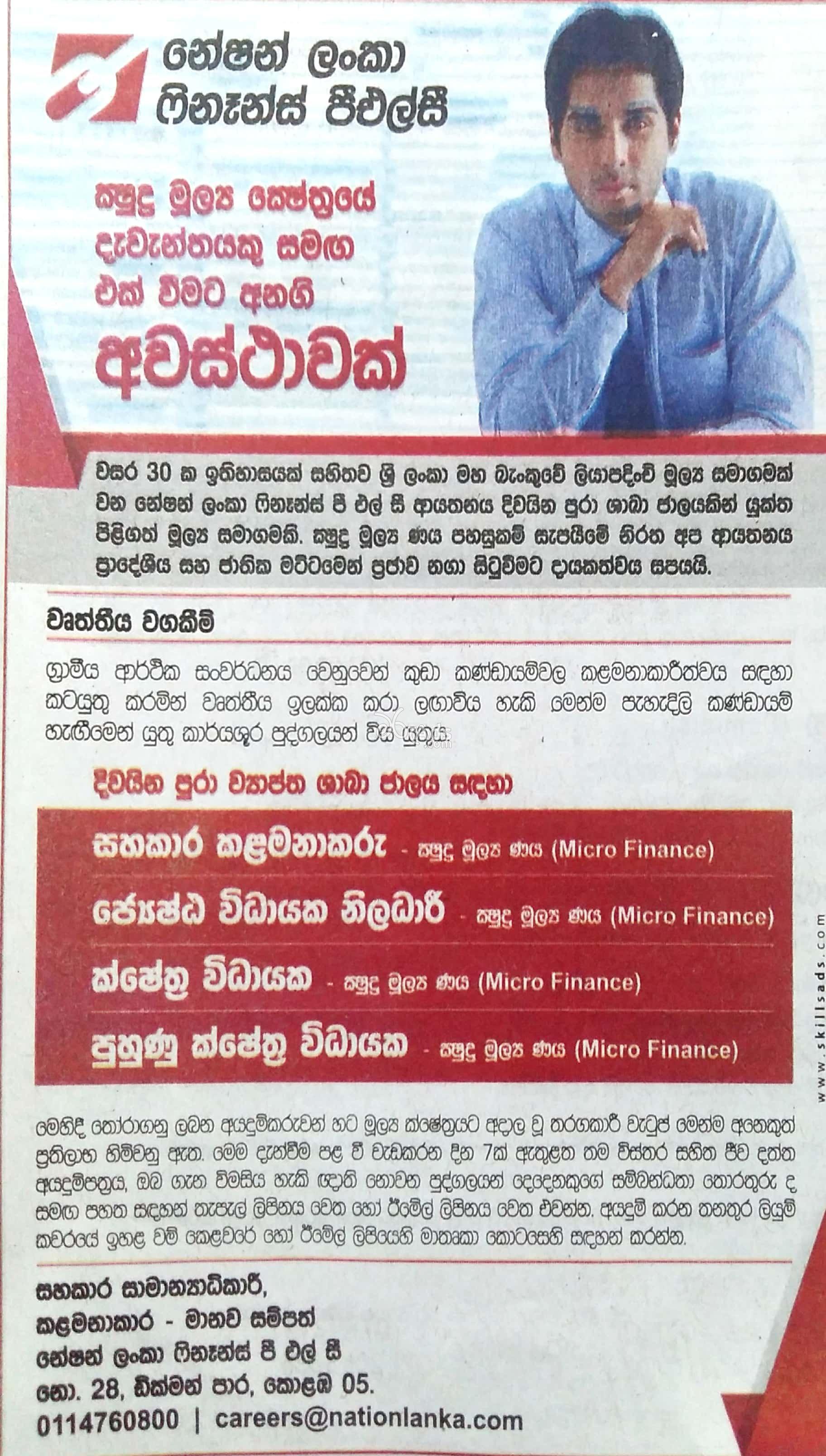 Assistant Manager, Senior Executive, Field Officer Job Vacancies at Nation Lanka Finance PLC