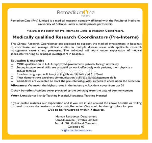 Medically Qualified Research Coordinators Vacancy at RemediumOne (Pvt) Ltd