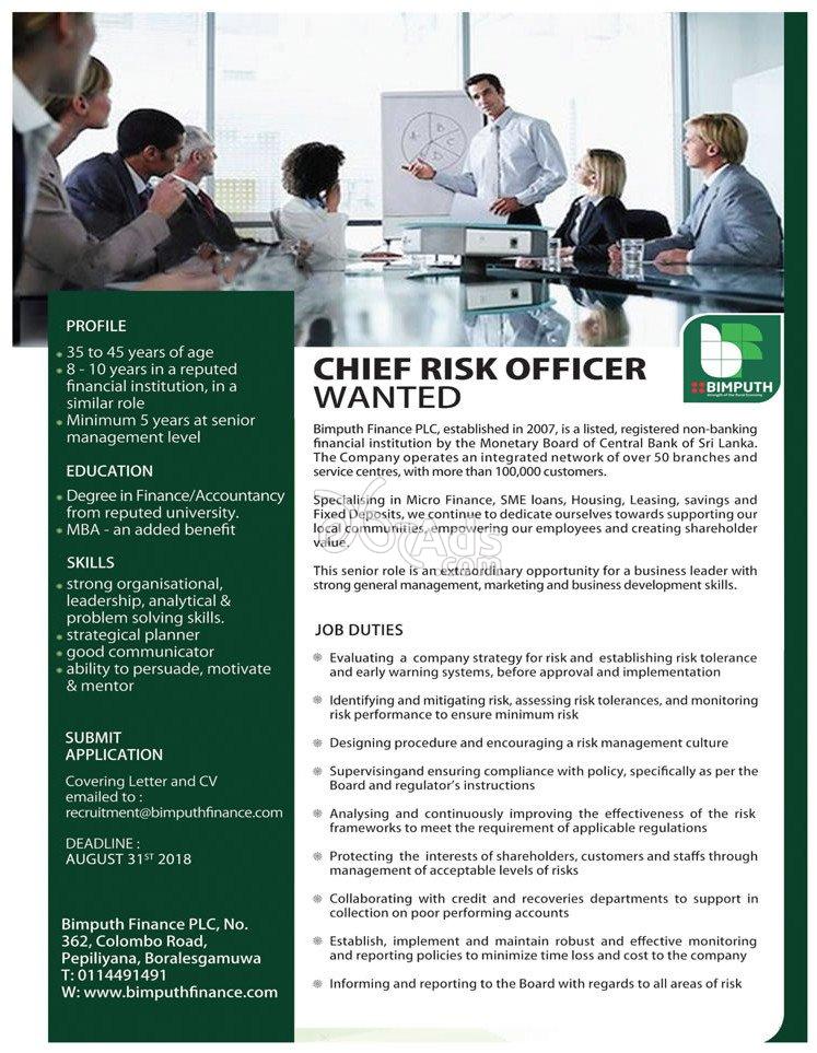 Chief Risk Officer Vacancy at Bimputh Finance PLC