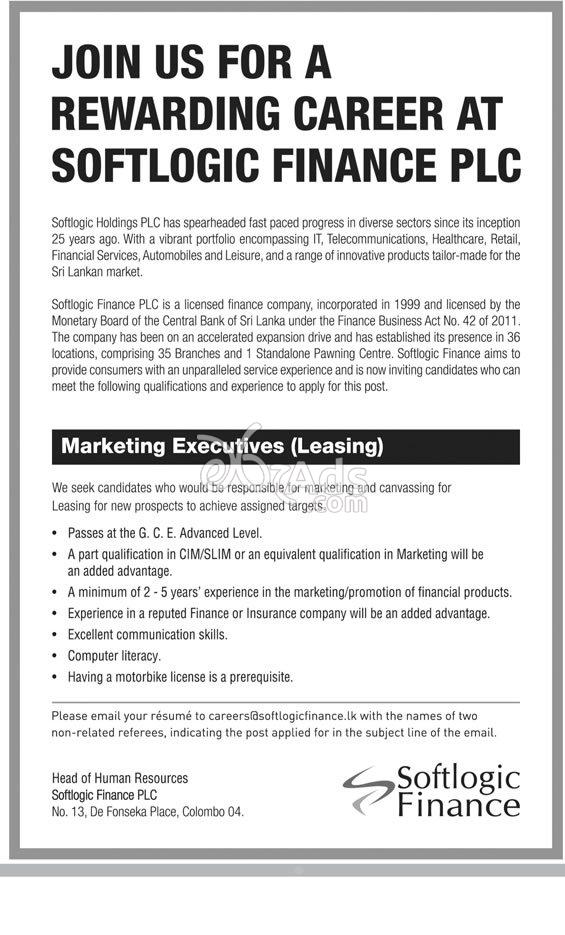 Marketing Executives Vacancy at Softlogic Finance