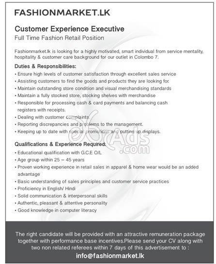 Customer Experience Executive Vacancy At Fashionmarket lk Colombo 07