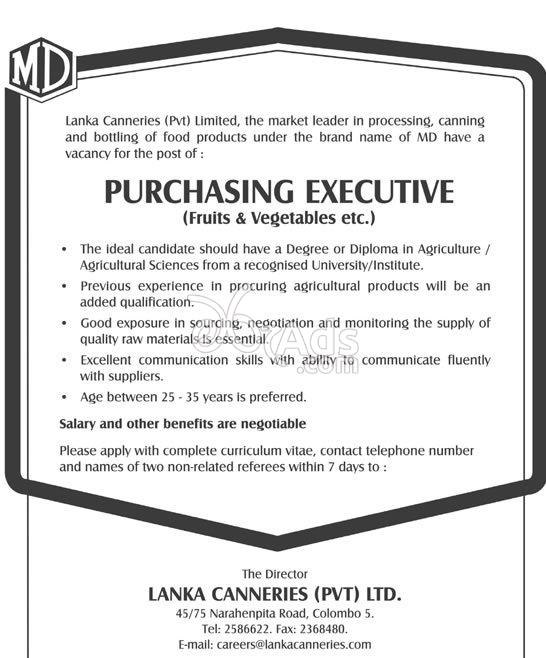 Purchasing Executive Vacancy at Lanka Canneries Pvt Ltd