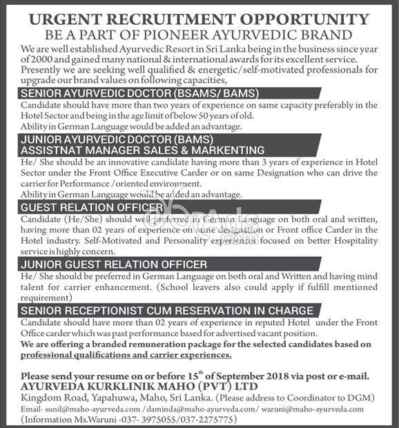 Doctor, Manager, Relation Officer, Receptionist Vacancies at Ayurveda
