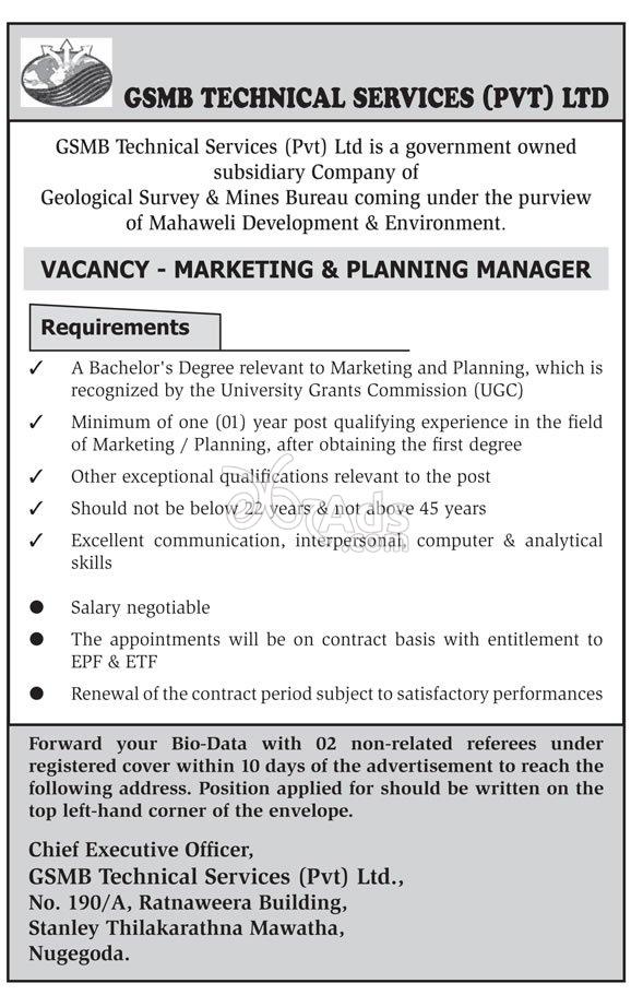 Marketing & Planning Manager Job Vacancy at GSMB Technical Services Pvt