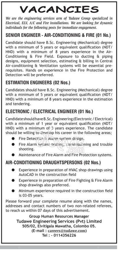 Senior Engineer, Estimation Engineers, Electrical Engineer, Air-Conditioning Draughtspersons Vacancies at Tudawe Engineering Services (Pvt) Ltd