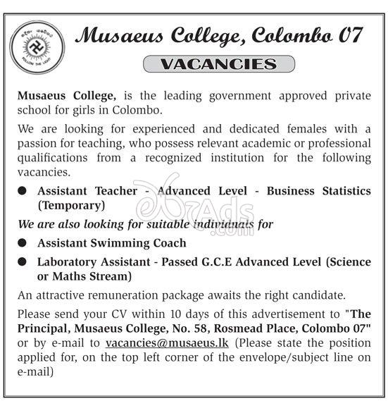 Assistant Teacher, Assistant Swimming Coach, Lab Assistant Vacancies at Musaeus College