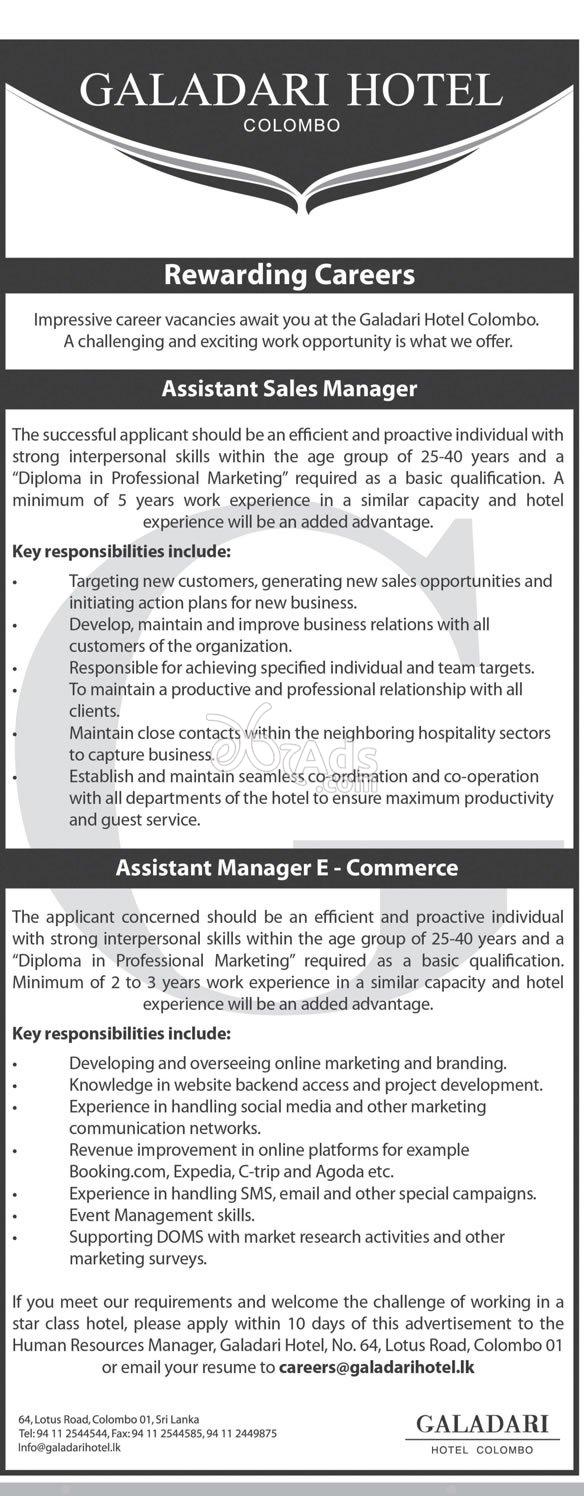 Assistant Sales Manager, Assistant Manager Vacancy at Galadari Hotel -  Colombo 01