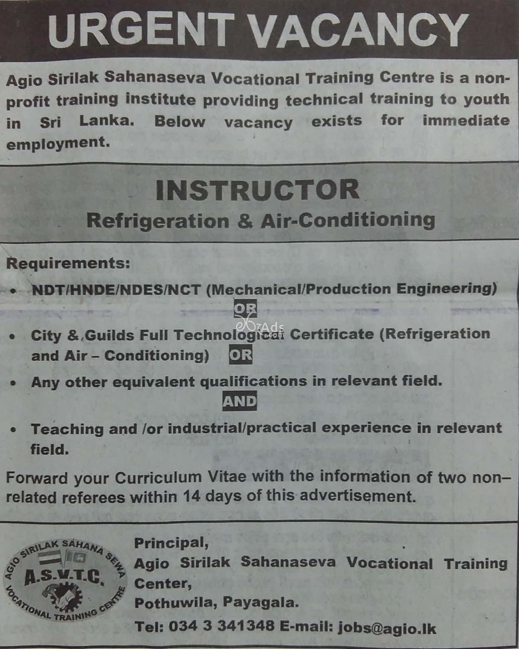 Refrigeration & Air Conditioning Instructors Job Vacancies at Agio