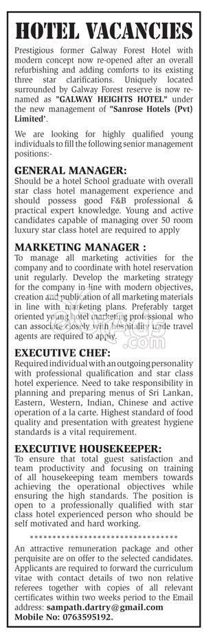 General / Marketing Manager, Executive Chef / Housekeeper Vacancies at Sanrose Hotels (pvt) ltd