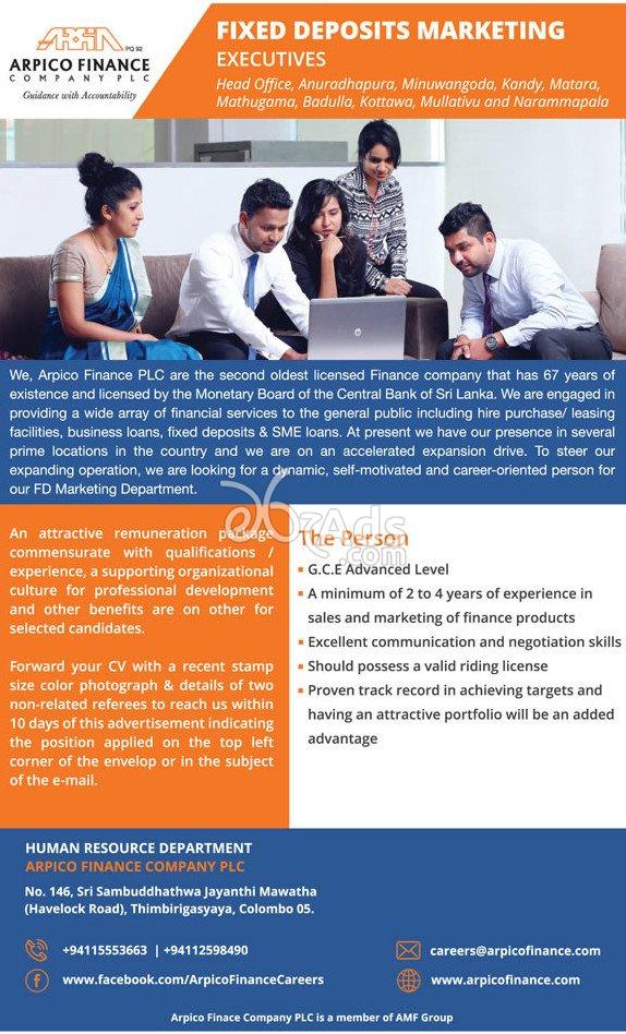 Fixed Deposits Marketing Executive Vacancy at Arpico Finance PLC