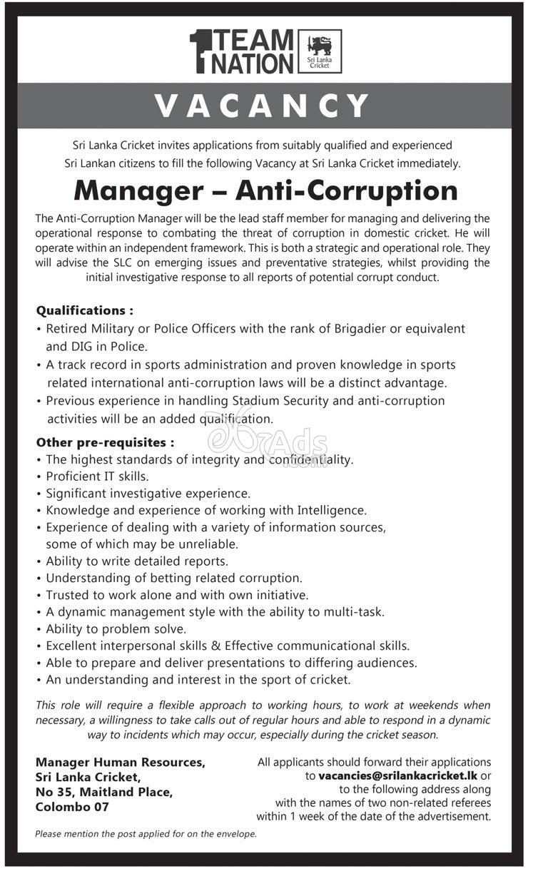 Manager - Anti - Corruption Government Vacancy at Sri Lanka Cricket
