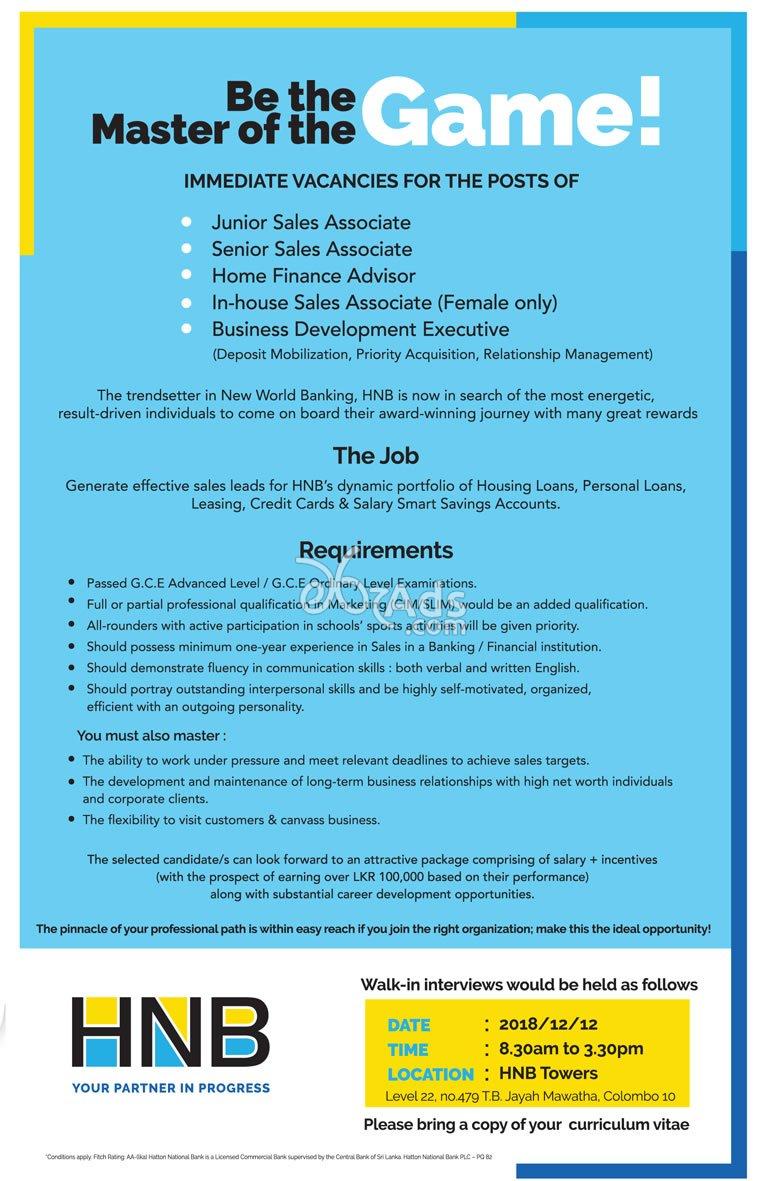 Sales Associate, Finance Advisor, Business Development Executive Vacancies at HNB Bank