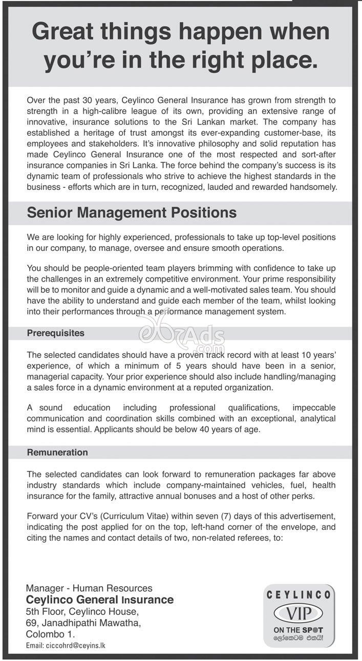 Senior Manager Vacancy at Ceylinco General Insurance