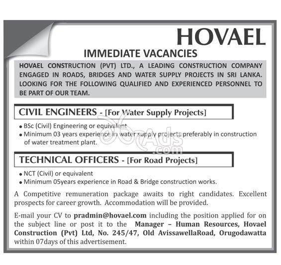 Civil Engineers, Technical Officer Vacancies at Hovael Construction (Pvt) Ltd