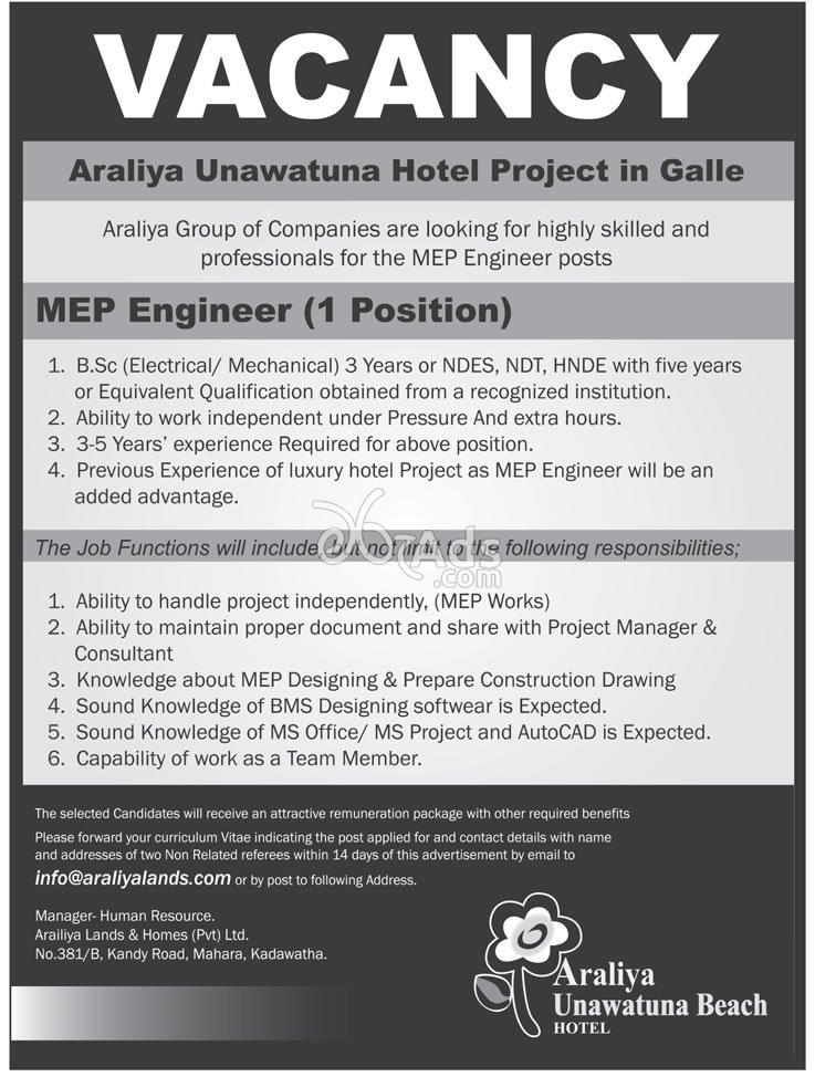 MEP Engineer Vacancy At Araliya Unawatuna Beach Hotel Galle