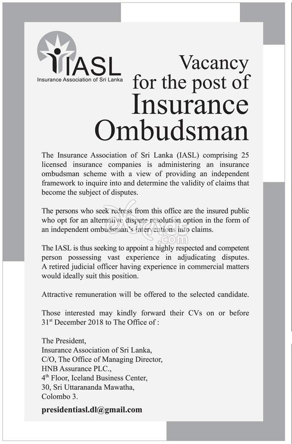 Insurance Ombudsman Vacancy at Insurance Association of Sri Lanka - IASL