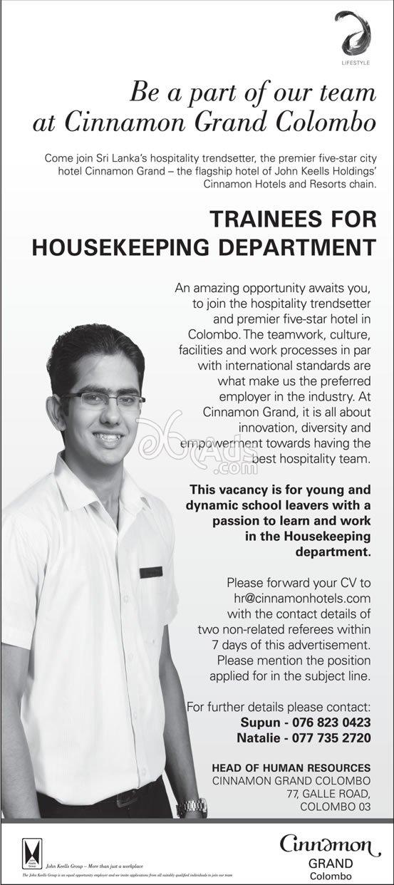 Trainees for Housekeeping Department Vacancies at Cinnamon Grand Colombo