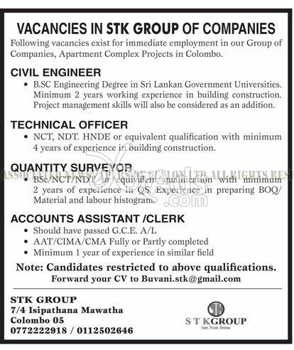 Civil Engineer, Technical Officer, Quality Surveyor, Accounts Assistant, Accounts Clerk Vacancies at STK Group