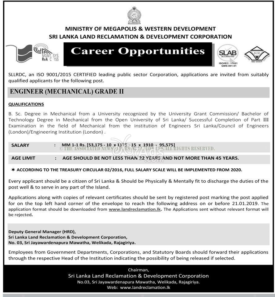 Mechanical Engineer Government Job Vacancies At Sri Lanka Land 