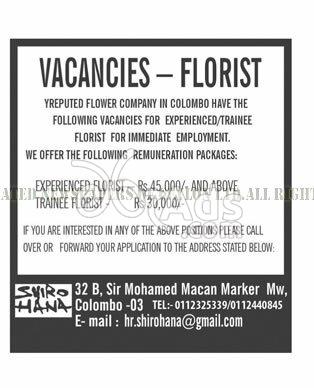 Florist Vacancy at SHIROHANA