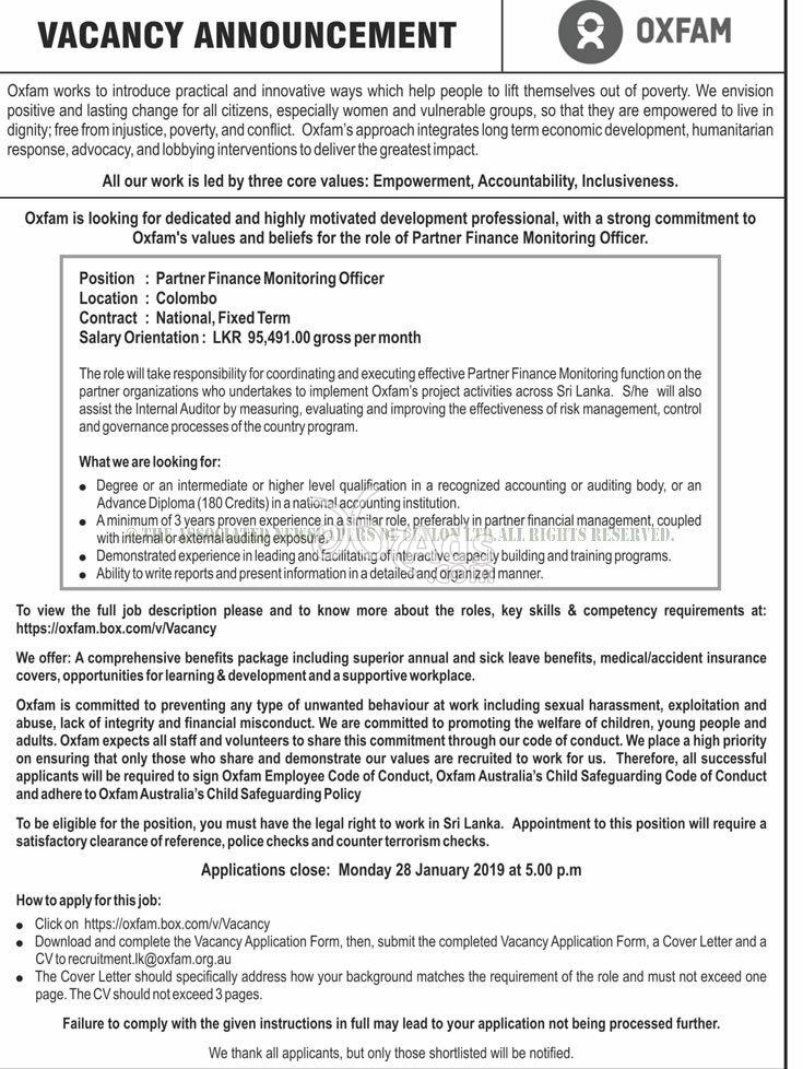 Partner Finance Monitoring Officer Job Vacancy at Oxfam Colombo